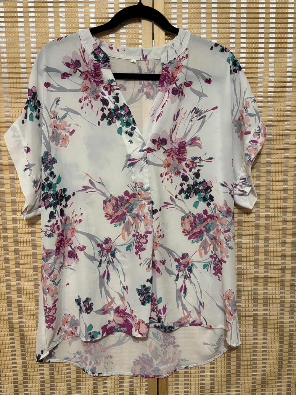 SHEIN White Floral V-Neck Short Sleeve Blouse with Pink, Purple & Teal Accents